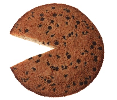 Upper view of a French round cake with a piece missing, isolated against a white background