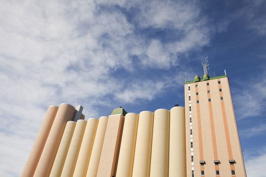 Industrial silo towards blue sky
