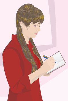 Illustration. The girl in red blouse wrote pen in a notebook