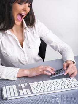 Happy Businesswoman, Woman with smile in Business suit Analyzing data and plan