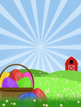 Happy Easter Egg Basket on Green Pasture with Red Barn Illustration