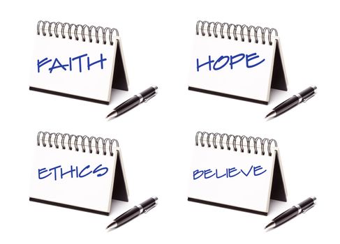 Spiral Note Pad and Pen Series Isolated on White - Faith, Hope, Ethics and Believe - XXXL.