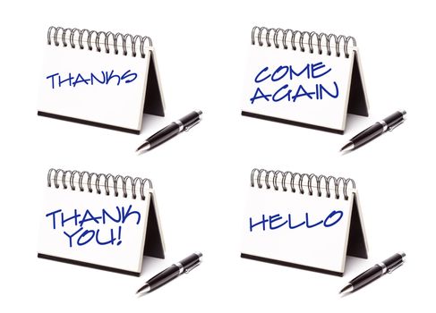 Spiral Note Pad and Pen Series Isolated on White - Thanks, Thank You, Come Again and Hello - XXXL.