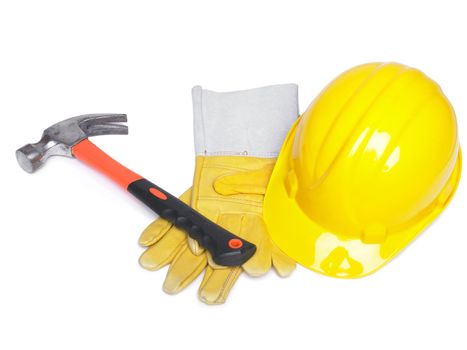 Hammer Hard Hat And Leather Gloves on white