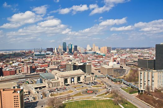 A skyline view of Kansas City, Missouri.  Kansas City is an important place for businesses and also a great place for people to go on vacation.