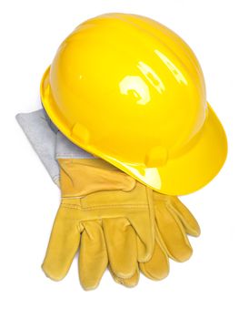 Hard Hat And Leather Gloves on white