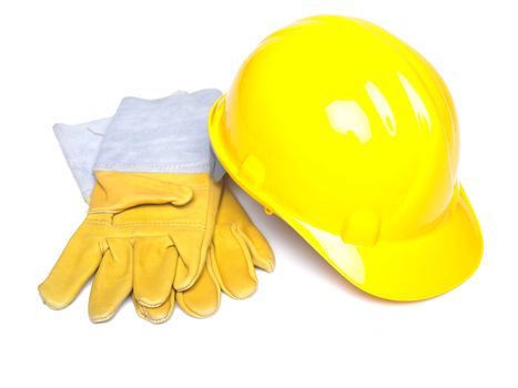Hard Hat And Leather Gloves on white