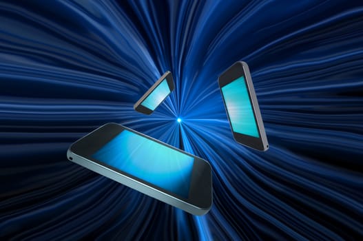 Three blank telecommunication devices with illuminated blue screens giving the appearance of moving towards the centre of a blue motion zoom effect against a black background.