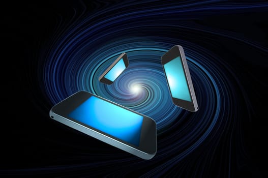 Three blank communication devices with illuminated blue screens giving the appearance of moving towards the centre of a blue swirl against a black background.