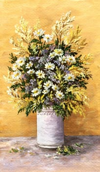 Picture oil paints on a canvas: a bouquet of camomiles in a white glass