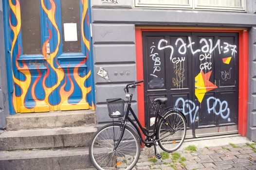 Bicycle near a city building, taken in Copengagen Denmark