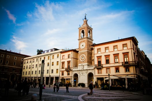 Street scene of Piazza Tre Martiri in the city of Rimini, Emilia Romagna, Italy