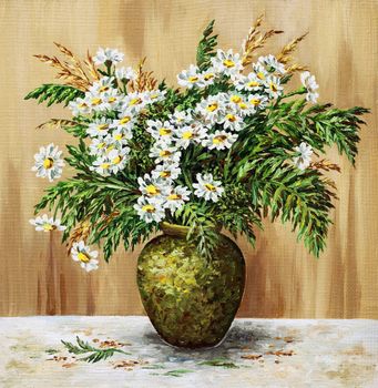 Bouquet of camomiles in a clay pot. Picture oil paints on a canvas