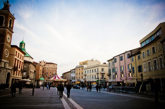 Street scene of Piazza Tre Martiri in the city of Rimini, Emilia Romagna, Italy