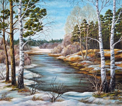 Picture oil paints on a canvas, landscape: the spring Siberian river