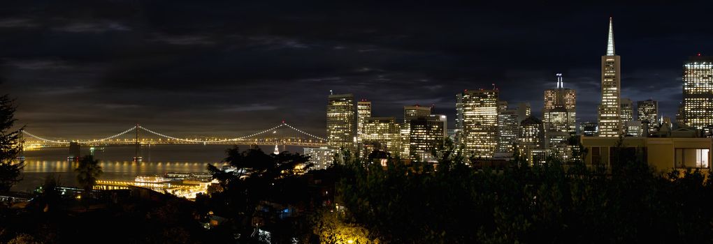 San Francisco Skyline and Oakland Bay Bridge at Blue Houe Panorama