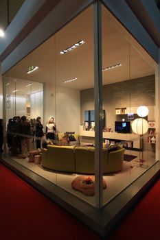 Interiors design stands and home architecture solutions at 2011 Salone del Mobile, international furnishing accessories exhibition in Milan, Italy.