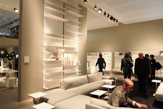 Interiors design stands and home architecture solutions at 2011 Salone del Mobile, international furnishing accessories exhibition in Milan, Italy.