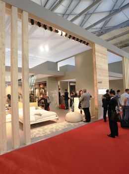 Interiors design stands and home architecture solutions at 2011 Salone del Mobile, international furnishing accessories exhibition in Milan, Italy.