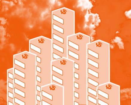 Illustrated orange Buildings with dollar signs on the roof