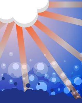 Illustrated abstract background containing a cloud with the sun behind and a bubbling sea