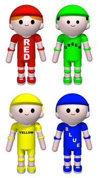 Illustration of four characters each dressed in one color with the color word printed on their shirts