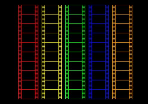 Illustration of strips of film each a different color on a black background