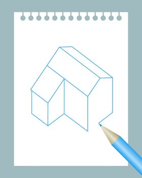 Illustration of a notepad with a pencil drawing a house