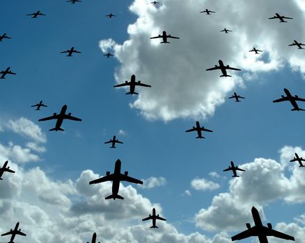 illustration of passenger aircraft over a cloudy sky background