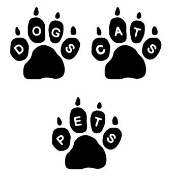 3 paws with the text Dogs, Cats and Pets