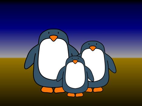 A penguin couple with 1 child