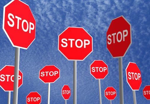 3D rendered stop signs over a sky background