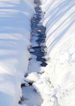 winter in the park as a stream fights freezing