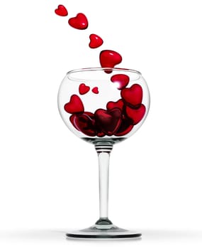 Love drink. Red hearts pouring into wineglass. 3d