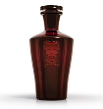 Poison. Vintage medical bottle of dark brown glass with skull and bones danger symbol engraving. 3d