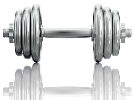 Chromed dumbbell isolated on white background in frontal view. 3d