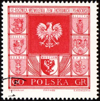POLAND - CIRCA 1965: a stamp printed in Poland, shows arms of cities in Poland, circa 1965