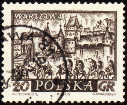 POLAND - CIRCA 1960: a stamp printed in Poland, shows medieval town of Warsaw with cavalry, circa 1960
