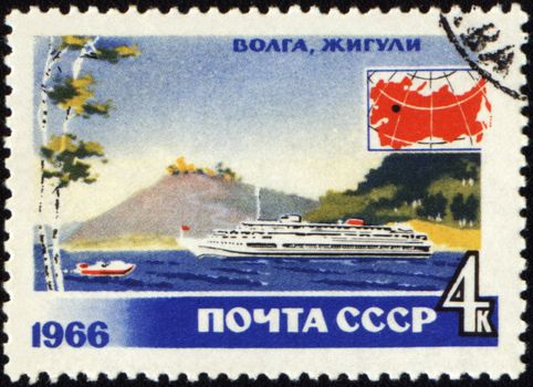 USSR - CIRCA 1966: A stamp printed in USSR shows passenger ship at Volga river, circa 1966