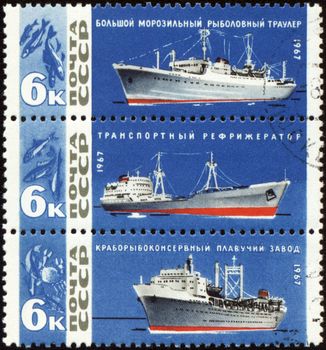 USSR - CIRCA 1967: stamps printed in USSR, shows Large freezer trawler, transport refrigerator and floating crab cannery, series, circa 1967