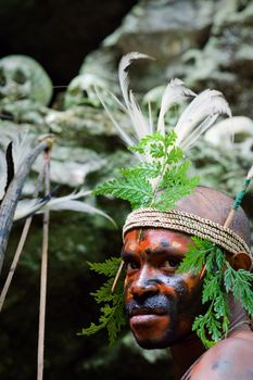 INDONESIA, NEW GUINEA, SECTOR SENGGI - 2 FEBRUARY 2009: The warrior of a Papuan tribe of Yafi in traditional clothes, ornaments and coloring. New Guinea Island, Indonesia. February 2, 2009. 