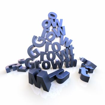 The word Growth as letter pyramid with dropped letters on the floor. Rendered over white with extreme wide-angled lens. Color can be changed easily to your needs.