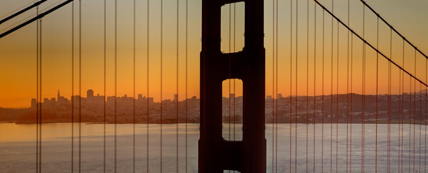 Sunrise over San Francisco Bay and Skyline with Golden Gate Bridge Panorama