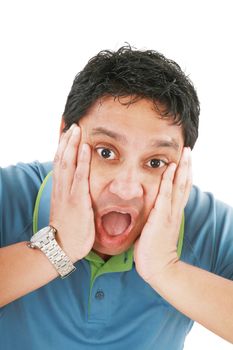 Young man has opened mouth from surprise, isolated on white background.