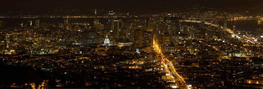 San Francisco California Cityscape at Night with Bay Bridge at Night Panorama