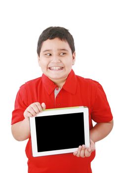 Portrait of a cute young child happy with his new digital tablet