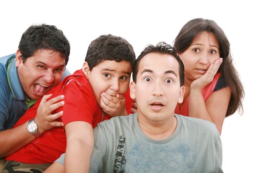 Closeup portrait of young group with a very surprised look on them face isolated on white.