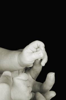 Hands of caucasian mother and baby, baby holding mother's finger