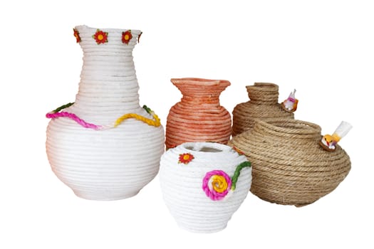 Handmade rope vases isolated on white background