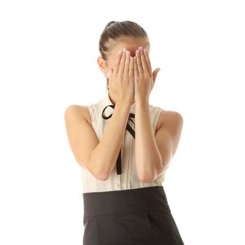 Scared teen woman isolated on white background